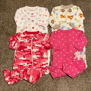 Lot of 4 Baby Girls Footed Pajamas Size 6 Months